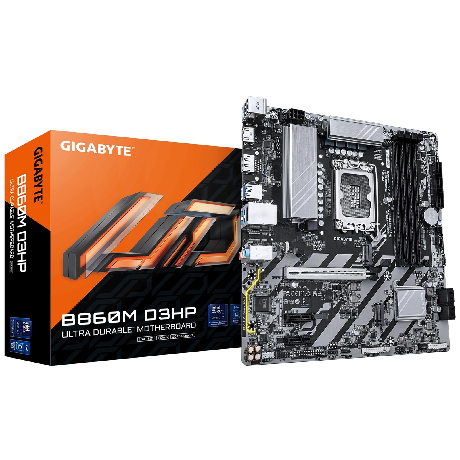 (image for) Gigabyte B860M D3HP Intel 1851 Socket Motherboard, Micro-ATX, 4x DDR5 Slots, 2x M.2 Sockets, 1x USB-C Port, GbE LAN, 1x DisplayPort / 1x HDMI Port