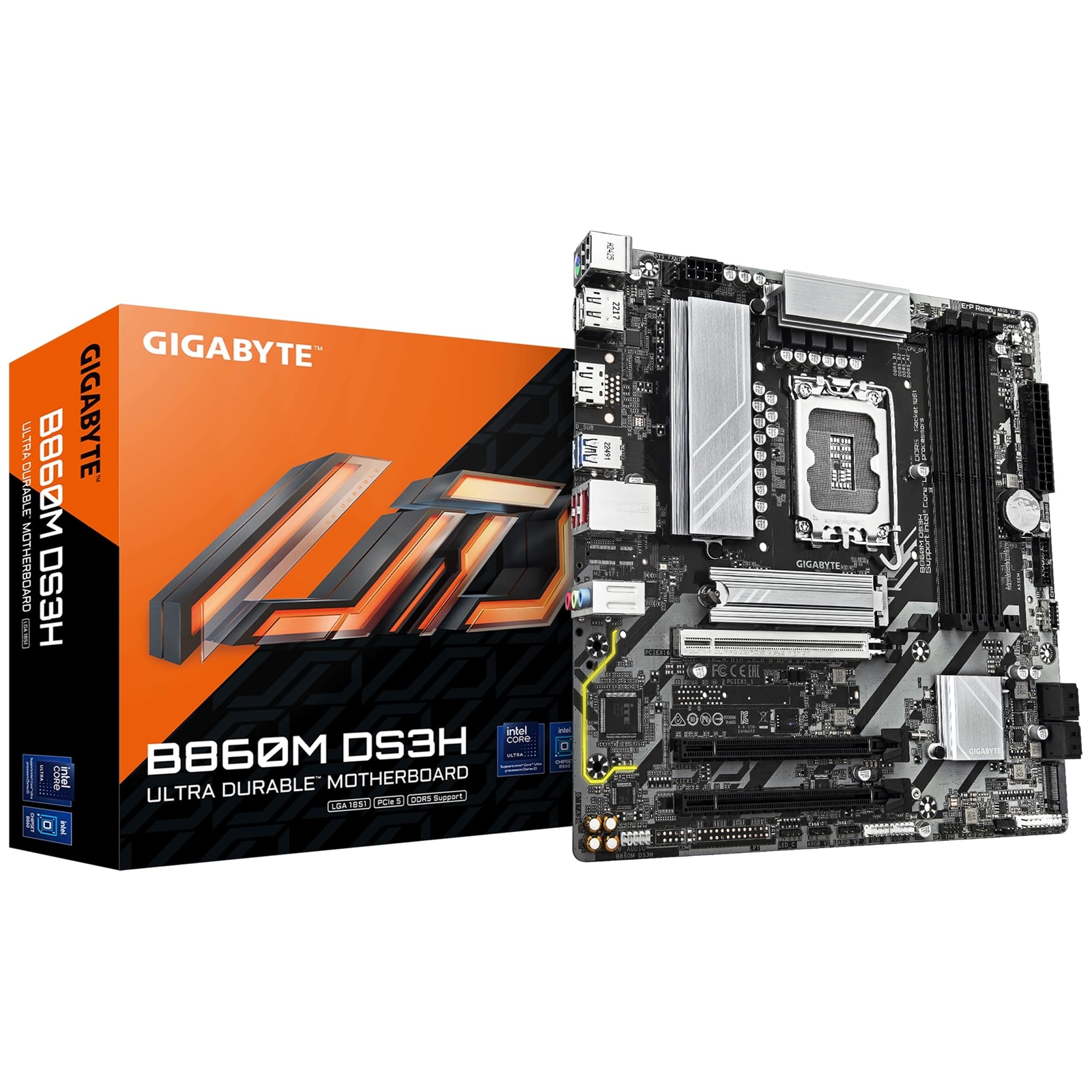 (image for) Gigabyte B860M DS3H Intel 1851 Socket Motherboard, Micro-ATX, 4x DDR5 Slots, 2x M.2 Sockets, 1x USB-C Port, 2.5GbE LAN, 2x DisplayPorts / 1x HDMI Port