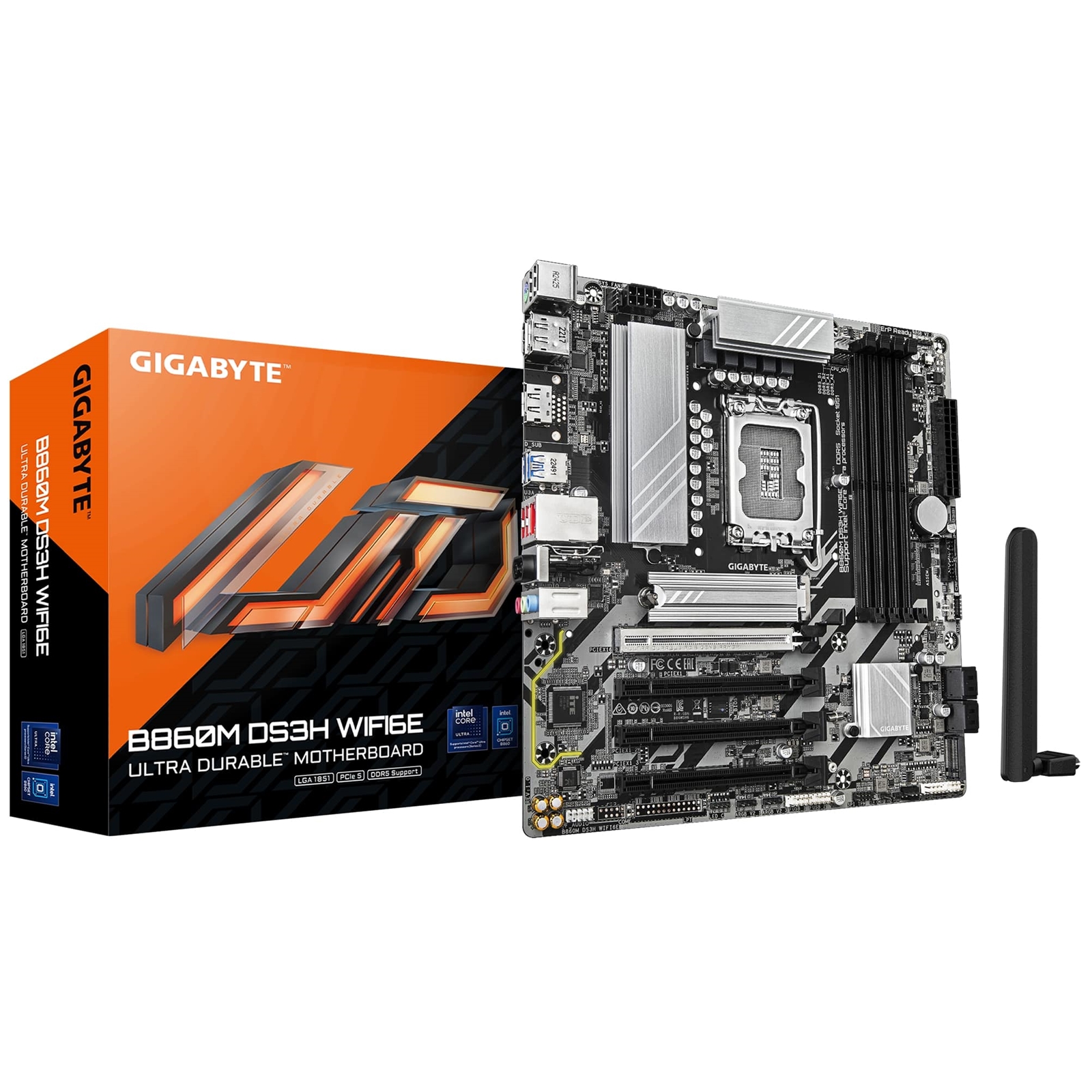 (image for) Gigabyte B860M DS3H WIFI6E Intel 1851 Socket Motherboard, Micro-ATX, 4x DDR5 Slots, 2x M.2 Sockets, 1x USB-C Port, 2.5GbE LAN, Wi-Fi 6E, 2x DisplayPorts / 1x HDMI Port