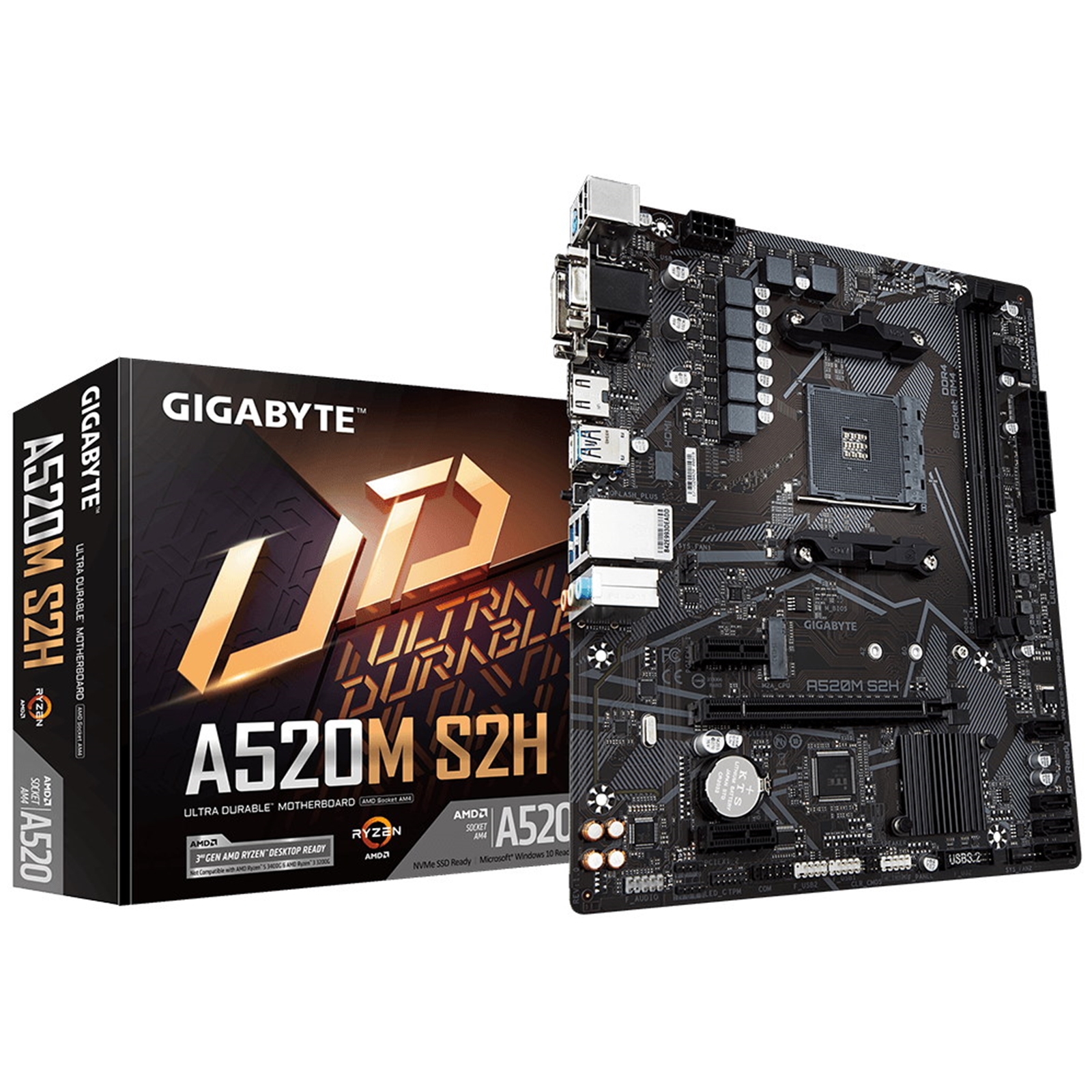 (image for) Gigabyte A520M S2H Ultra Durable AMD AM4 Socket Motherboard, Micro-ATX, 2x DDR4 Slots, 1x M.2 Socket, GbE LAN, 1x D-Sub / 1x DVI-D / 1x HDMI Port