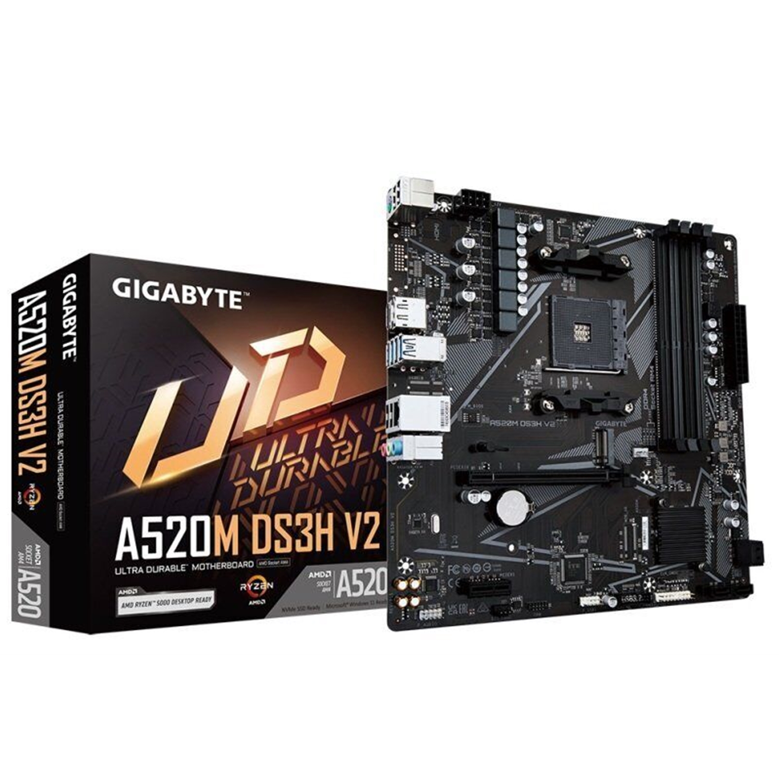 (image for) Gigabyte A520M DS3H V2 Ultra Durable AMD AM4 Socket Motherboard, Micro-ATX, 4x DDR4 Slots, 1x M.2 Socket, GbE LAN, 1x DisplayPort / 1x HDMI Port
