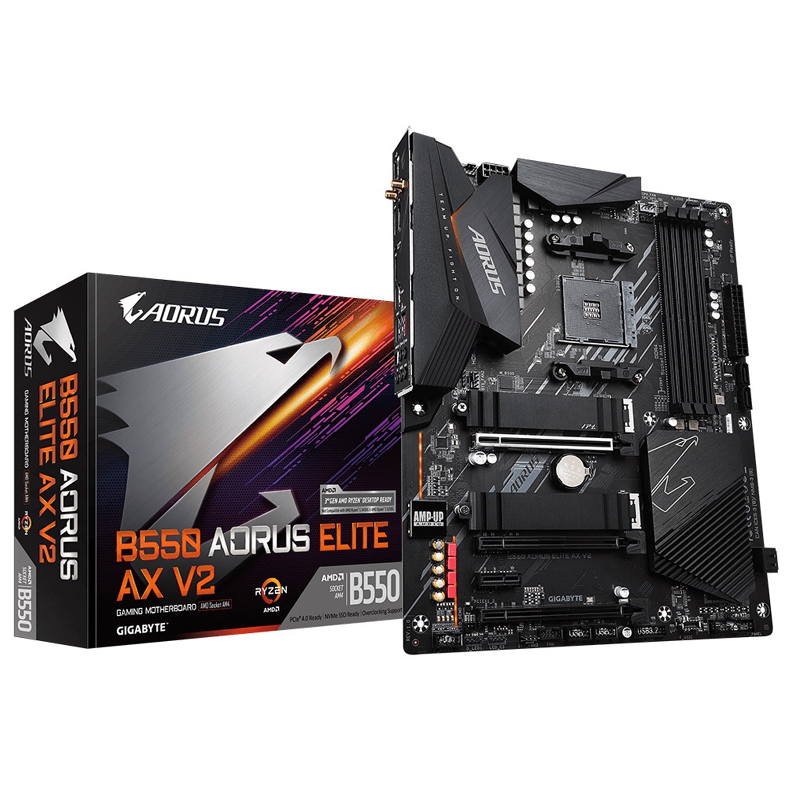 (image for) Gigabyte B550 AORUS ELITE AX V2 AMD AM4 Socket Motherboard, ATX, 4x DDR4 Slots, 2x M.2 Sockets, 1x USB-C Port, Fitted I/O Shield, 2.5GbE LAN, Wi-Fi 6E, 1x DisplayPort / 1x HDMI Port