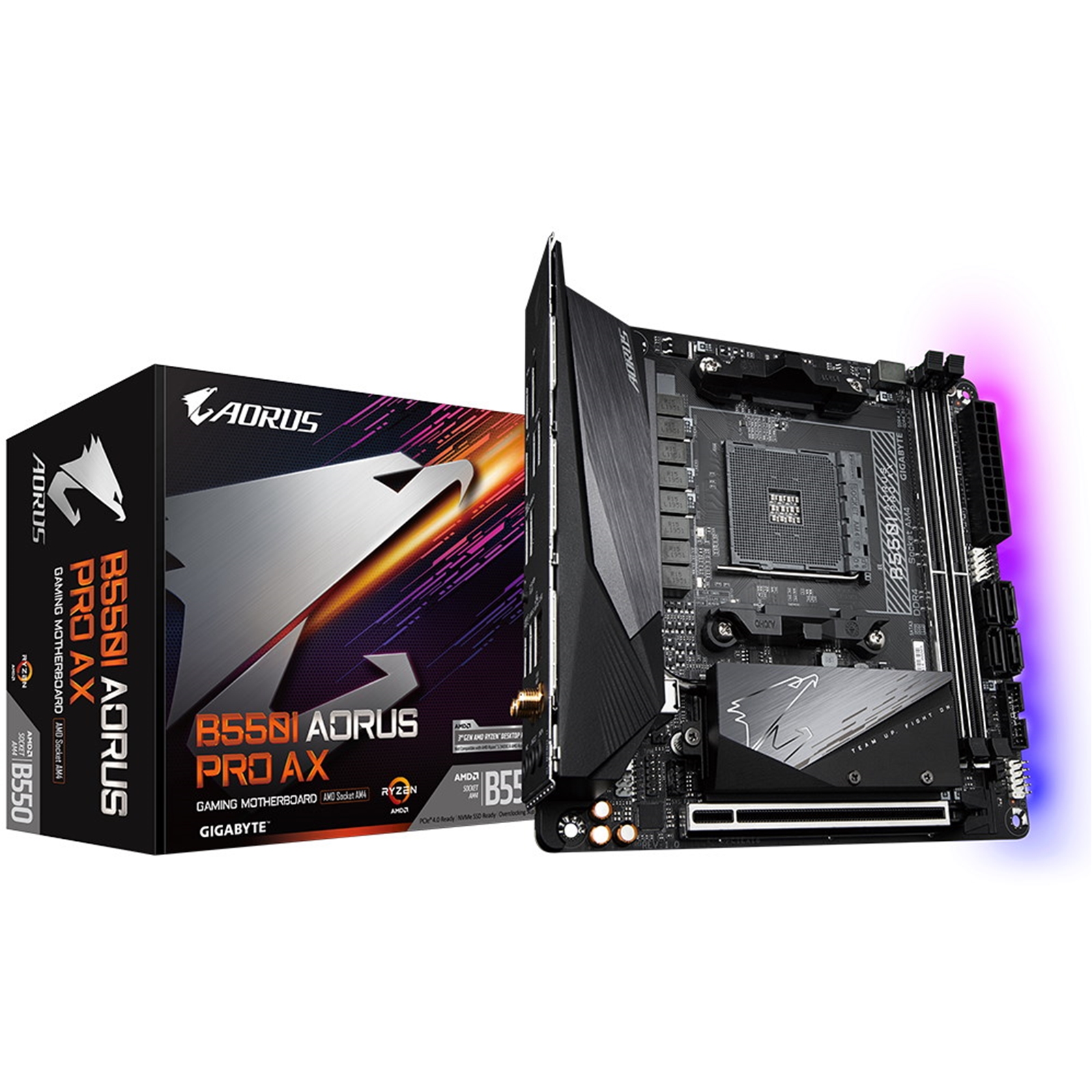 (image for) Gigabyte B550I AORUS PRO AX AMD AM4 Socket Motherboard, Mini-ITX, 2x DDR4 Slots, 2x M.2 Sockets, 1x USB-C Port, Fitted I/O Shield, 2.5GbE LAN, Wi-Fi 6, 1x DisplayPorts / 2x HDMI Port