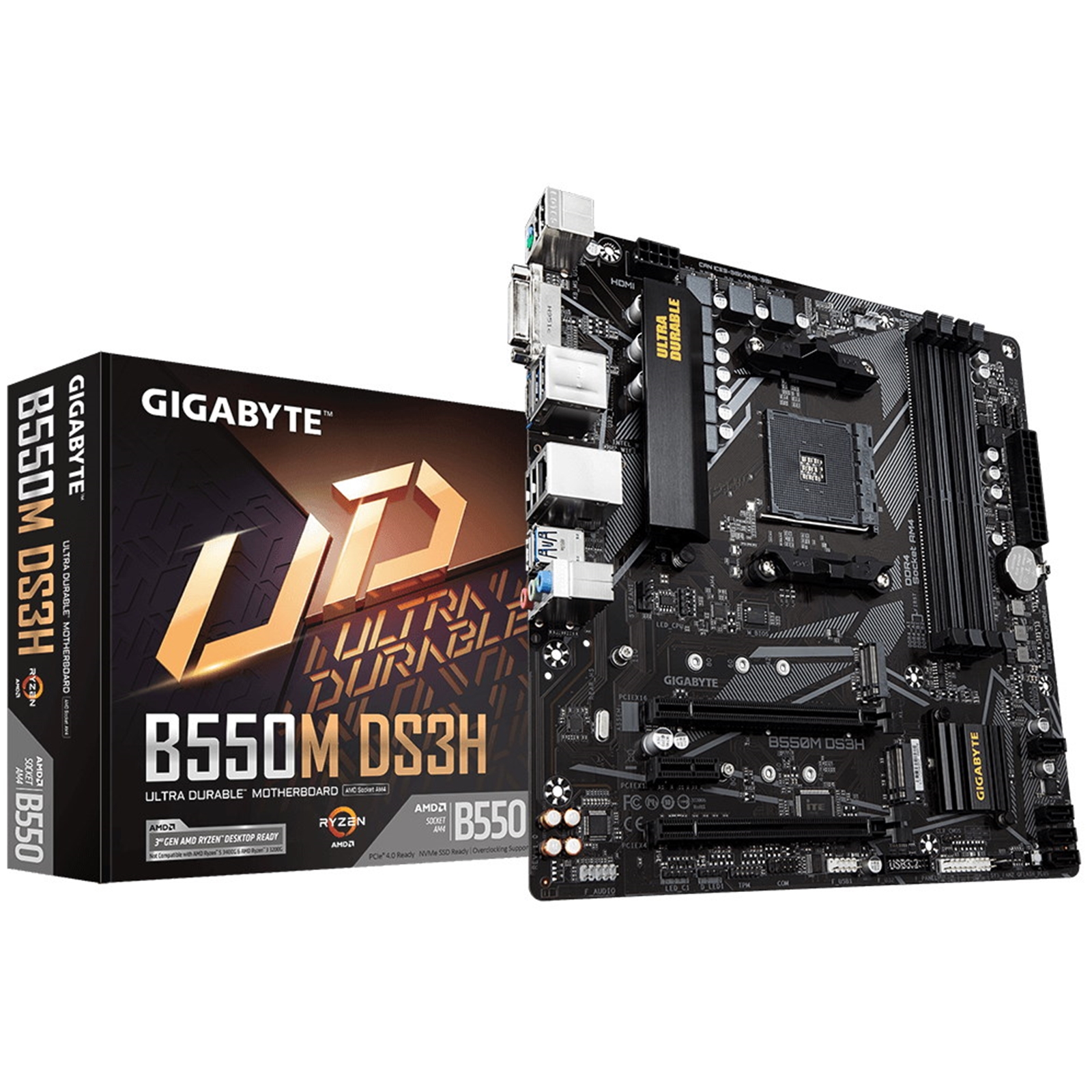 (image for) Gigabyte B550M DS3H Ultra Durable AMD AM4 Socket Motherboard, Micro-ATX, 4x DDR4 Slots, 2x M.2 Sockets, GbE LAN, 1x DVI-D / 1x DisplayPort / 1x HDMI Port