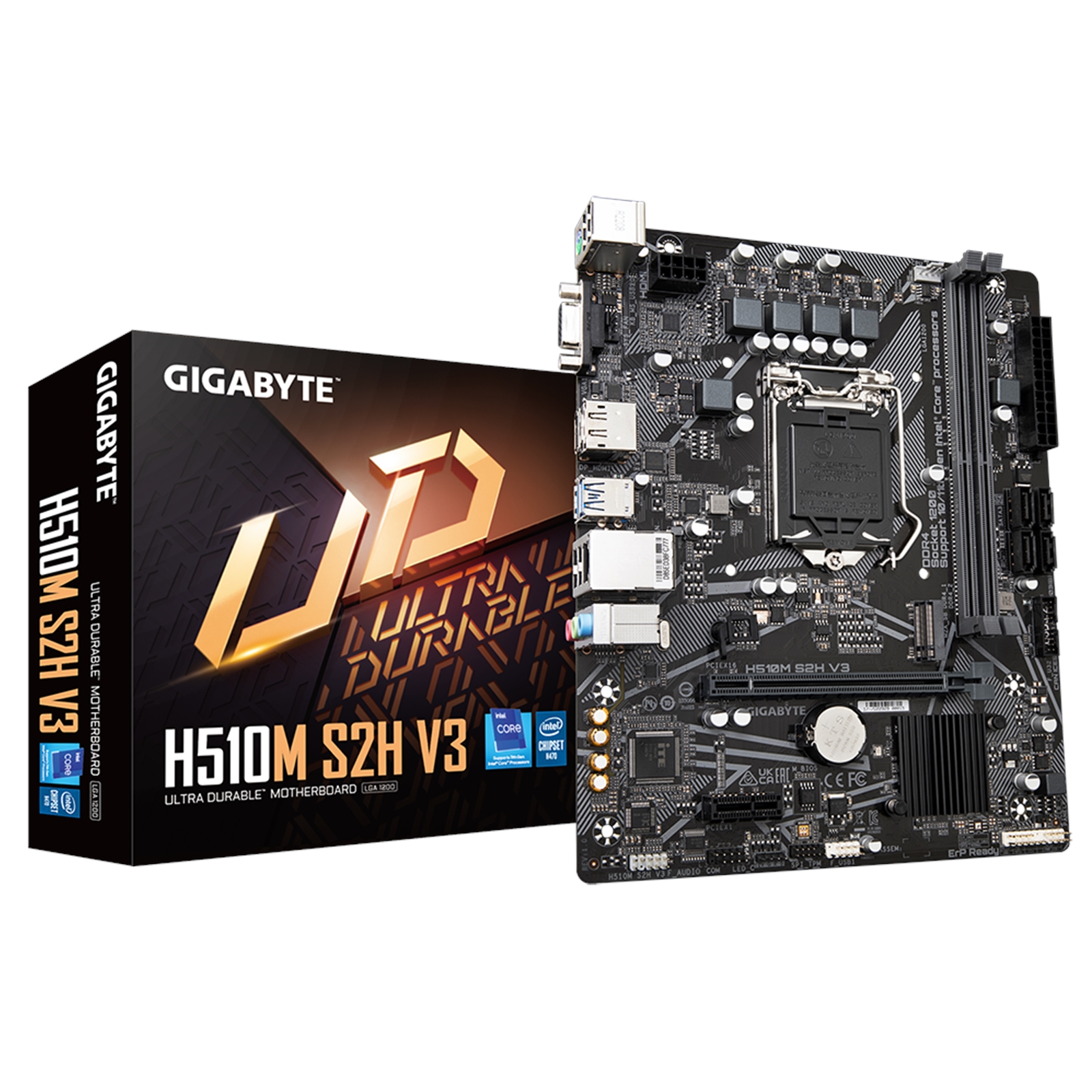 (image for) Gigabyte H510M S2H V3 Ultra Durable Intel 1200 Socket Motherboard, Micro-ATX, 2x DDR4 Slots, 1x M.2 Socket, GbE LAN, 1x D-Sub / 1x DisplayPort / 1x HDMI Port