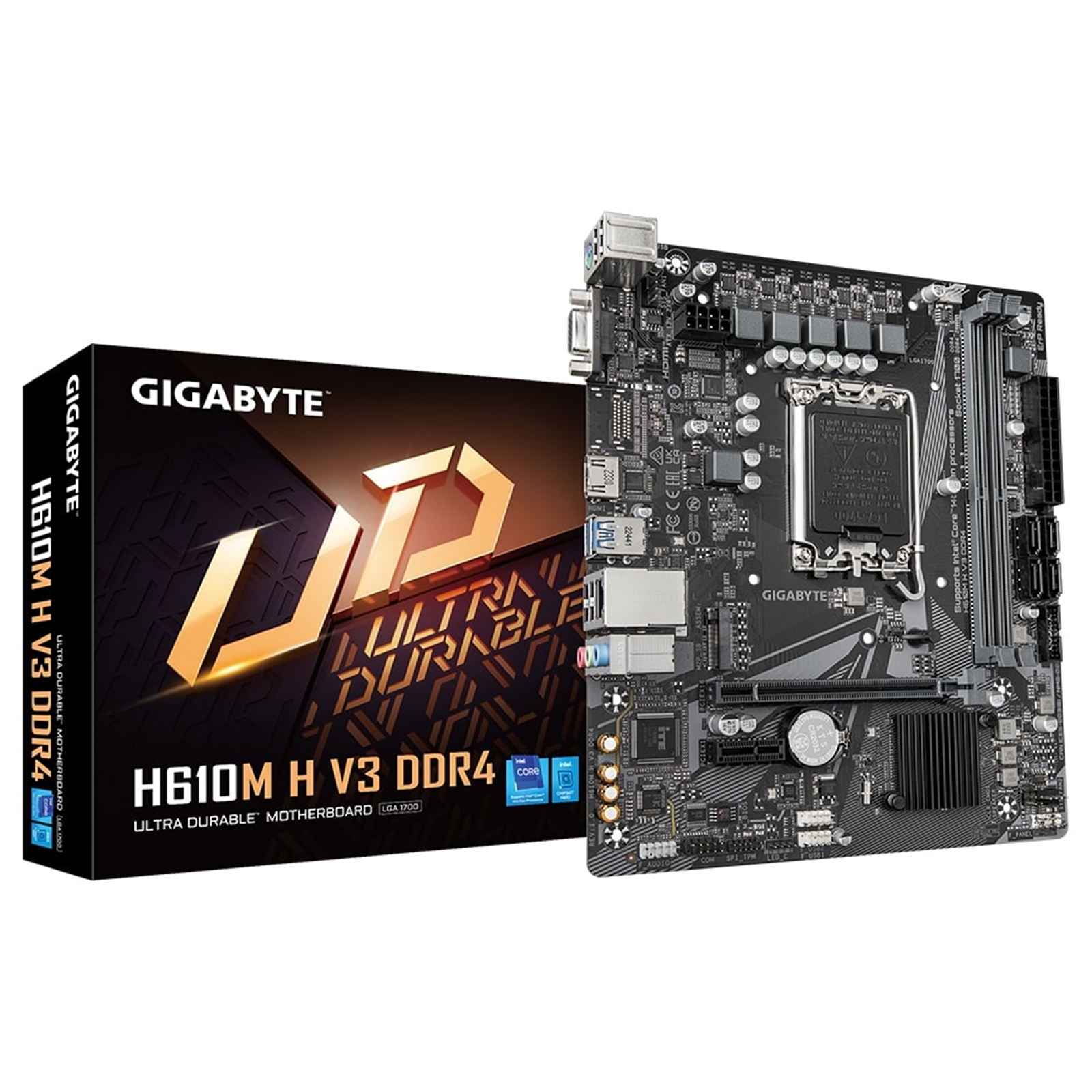 (image for) Gigabyte H610M H V3 DDR4 Ultra Durable Intel 1700 Socket Motherboard, Micro-ATX, 2x DDR4 Slots, 1x M.2 Socket, GbE LAN, 1x D-Sub / 1x HDMI Port