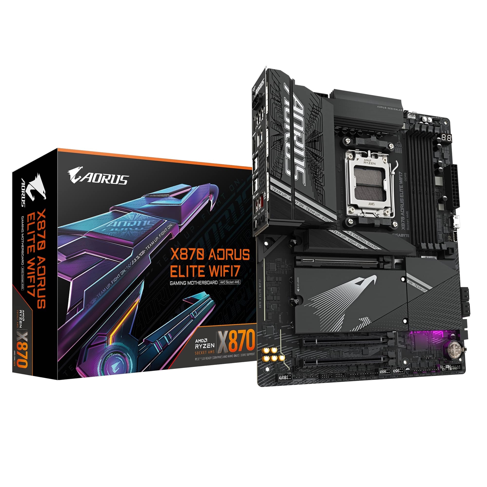 (image for) Gigabyte X870 AORUS ELITE WIFI7 AMD AM5 Socket Motherboard, ATX, 4x DDR5 Slots, 3x M.2 Sockets, 3x USB-C Port, Fitted I/O Shield, 2.5GbE LAN, Wi-Fi 7, 2x HDMI Port / 2x USB-C (USB4)