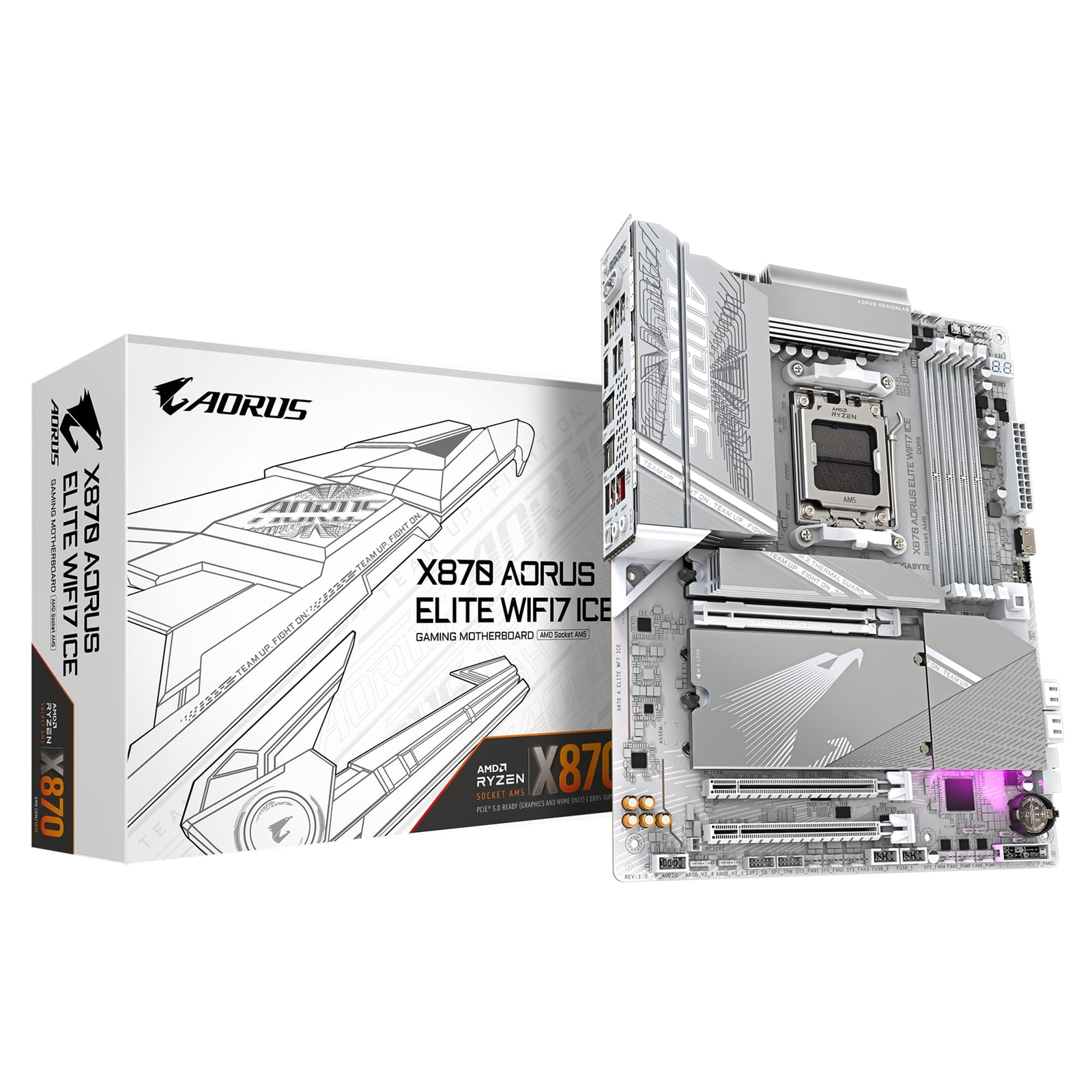 (image for) Gigabyte X870 AORUS ELITE WIFI7 ICE AMD AM5 Socket Motherboard, ATX, 4x DDR5 Slots, 4x M.2 Sockets, 3x USB-C Port, Fitted I/O Shield, 2.5GbE LAN, Wi-Fi 7, 2x HDMI Port / 2x USB-C (USB4)