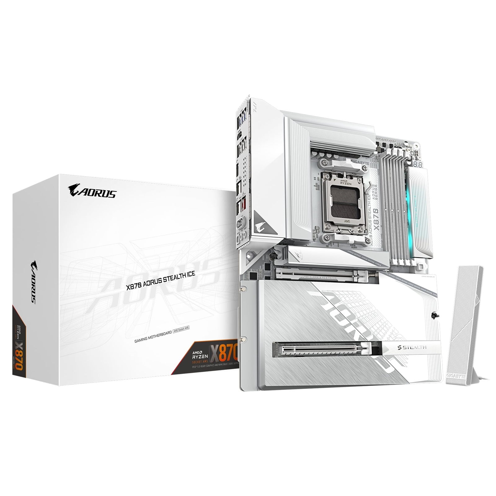 Gigabyte X870 AORUS STEALTH ICE AMD AM5 Socket Motherboard, ATX, 4x DDR5 Slots, 3x M.2 Socket, 5GbE LAN, 1x HDMI Port / 2x USB-C (USB4)