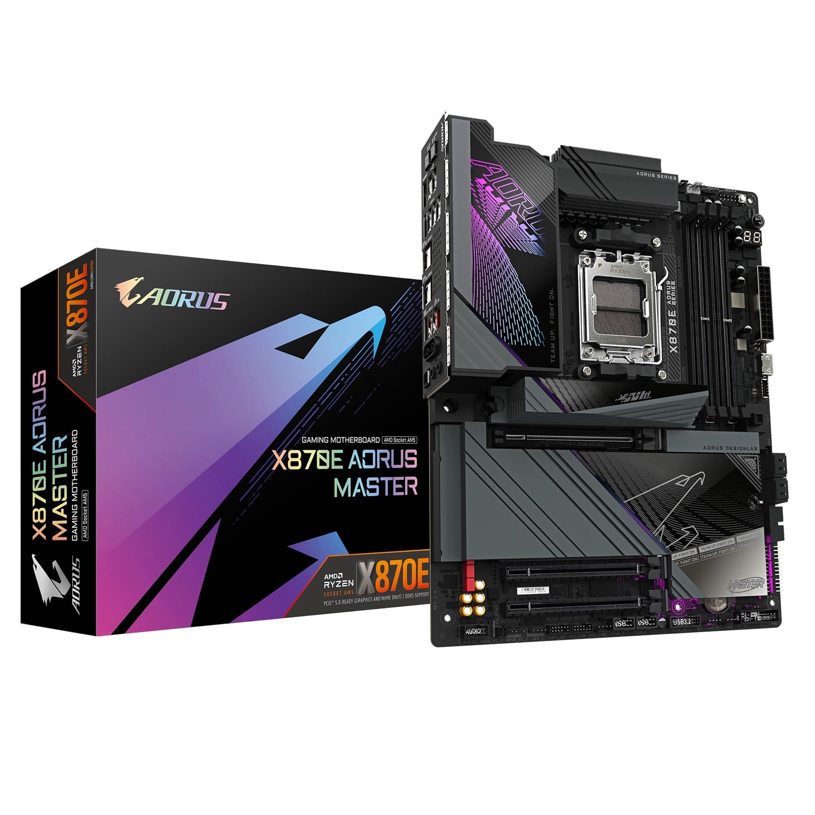 (image for) Gigabyte X870E AORUS MASTER AMD AM5 Socket Motherboard, ATX, 4x DDR5 Slots, 4x M.2 Sockets, 3x USB-C Port, Fitted I/O Shield, 5GbE LAN, Wi-Fi 7, 2x HDMI Port / 2x USB-C (USB4)