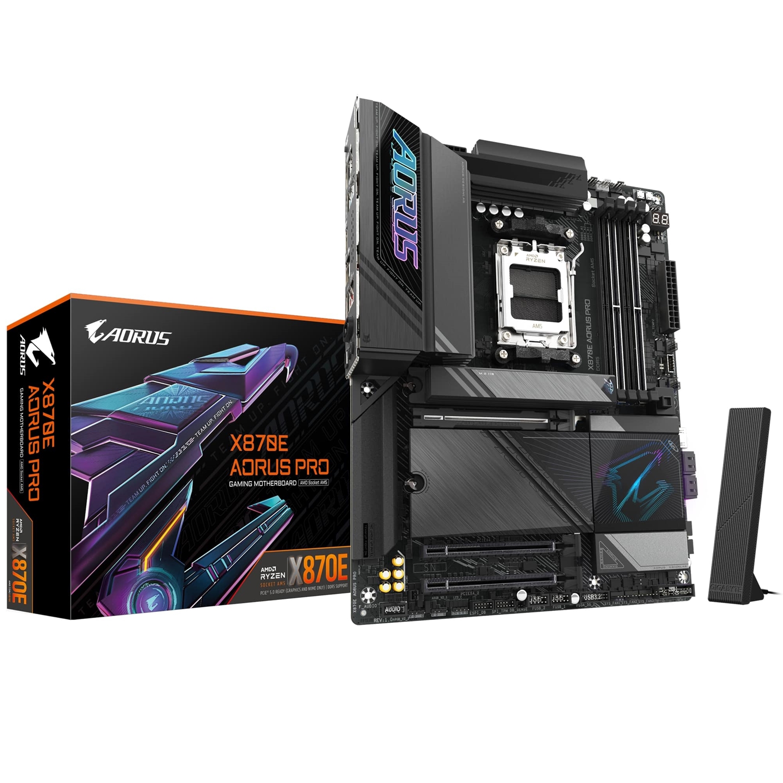 (image for) Gigabyte X870E AORUS PRO AMD AM5 Socket Motherboard, ATX, 4x DDR5 Slots, 4x M.2 Sockets, 3x USB-C Port, Fitted I/O Shield, 2.5GbE LAN, Wi-Fi 7, 2x HDMI Port / 2x USB-C (USB4)