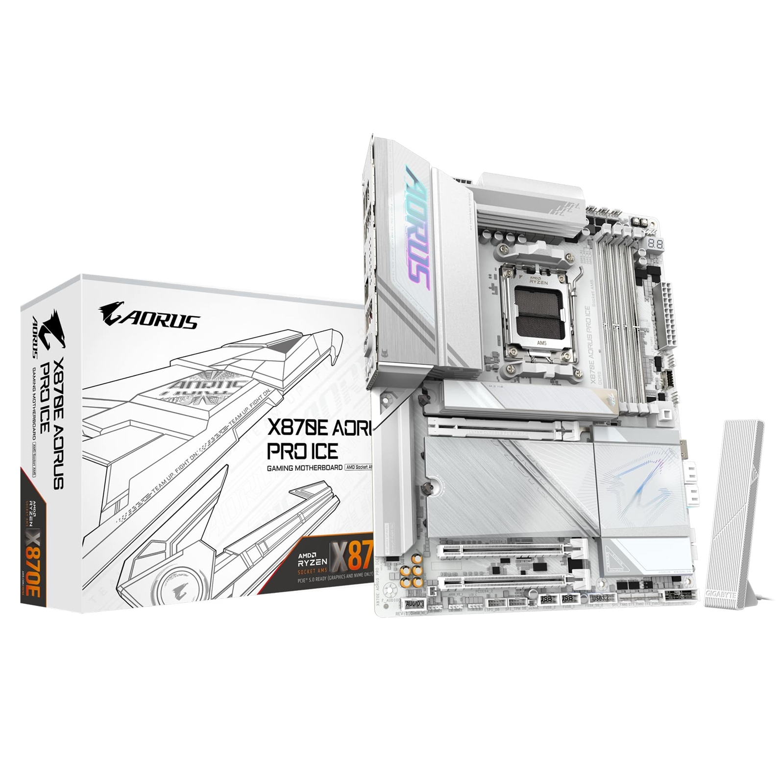 (image for) Gigabyte X870E AORUS PRO ICE AMD AM5 Socket Motherboard, ATX, 4x DDR5 Slots, 4x M.2 Sockets, 3x USB-C Port, Fitted I/O Shield, 2.5GbE LAN, Wi-Fi 7, 2x HDMI Port / 2x USB-C (USB4)