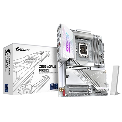 Gigabyte Z890 AORUS PRO ICE Intel 1851 Socket Motherboard, ATX, 4x DDR5 Slots, 5x M.2 Sockets, Fitted I/O Shield, 5GbE LAN, Wi-Fi 7, 2x USB-C (USB4)