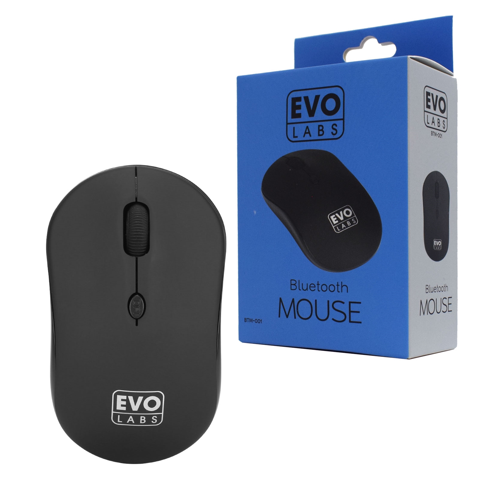 (image for) Evo Labs BTM-001 Bluetooth Mouse, 800 DPI Optical Tracking, Full Size, 3 Button with Scroll Wheel, Ambidextrous Design, Matte Black
