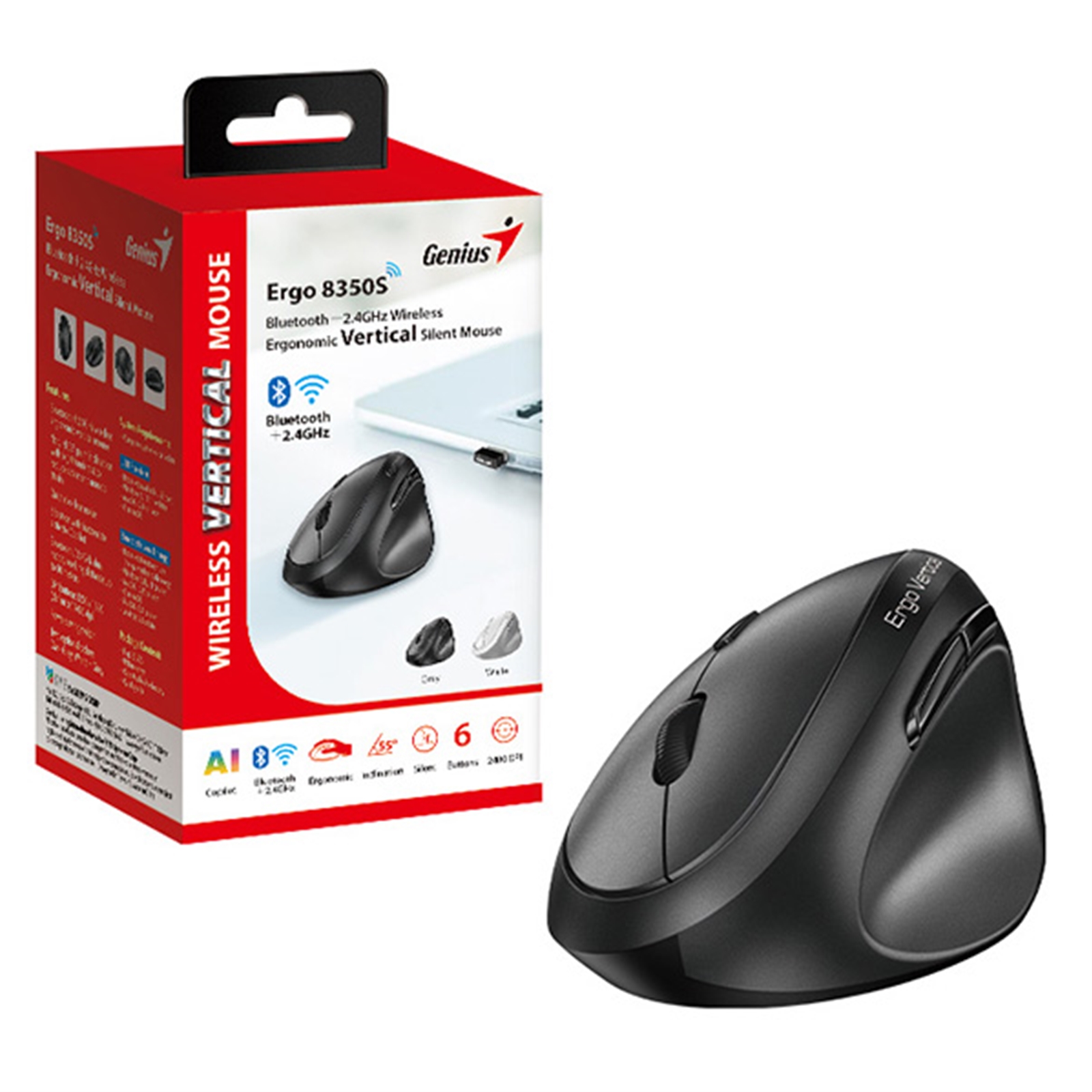 (image for) Genius Ergo 8350S Wireless Ergonomic Vertical Mouse, Blutooth & 2.4 GHz, Adjustable DPI levels up to 2400 DPI, 5 Button with Scroll Wheel, Dark Grey