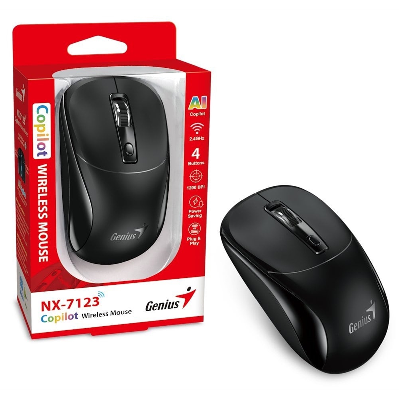 (image for) Genius NX-7123 Copilot AI Wireless Mouse, 2.4 GHz with USB Receiver, 1200 DPI, 4 Button with Scroll Wheel, Ambidextrous Design, Black