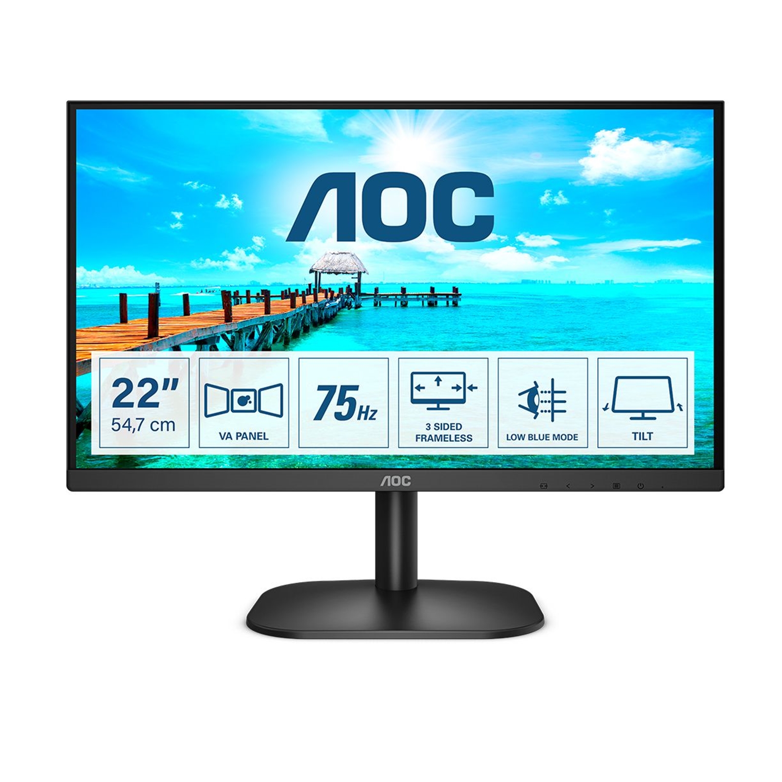 (image for) AOC 22B2H/EU 21.5 Inch Frameless Monitor, Full HD, Widescreen, VGA, HDMI, 4ms, 75Hz, VESA, Tilt