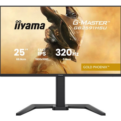 iiyama G-Master GB2591HSU-B1 24.5-Inch Fast IPS LCD, 1920x1080, up to 320Hz, 350 cd/m2 Brightness, 0.4ms MPRT , 2 x HDMI 2.1 + 1 x DP, USB Hub 2x USB 3.2 + 2x USB-C, G-SYNC Compatible/FreeSync Premium, HDR10, 2x2W Speakers, Aux, Height Adjustable Stand