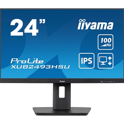 iiyama PROLITE XUB2493HSU-B7 24 Inch IPS Monitor, Full HD, 1ms, 100Hz, USB Hub x 2, HDMI, DisplayPort, Speakers, Black, Internal PSU, Height Adjustable, Pivot, VESA