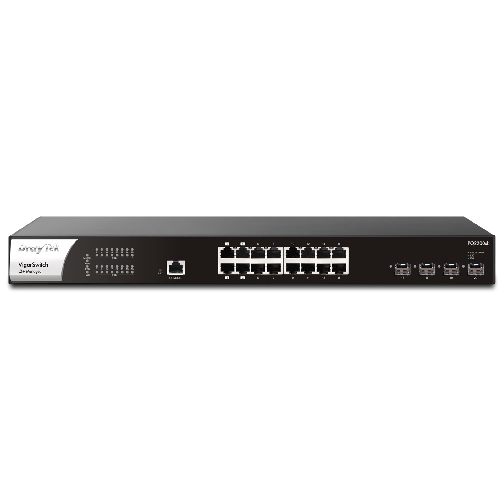 (image for) DrayTek VSPQ2200XB-K VigorSwitch PQ2200xb 16 Port 2.5 GbE POE+ Managed Layer 2+ Switch with 4x POE++ Ports and 4x 10GbE SFP+ Ports