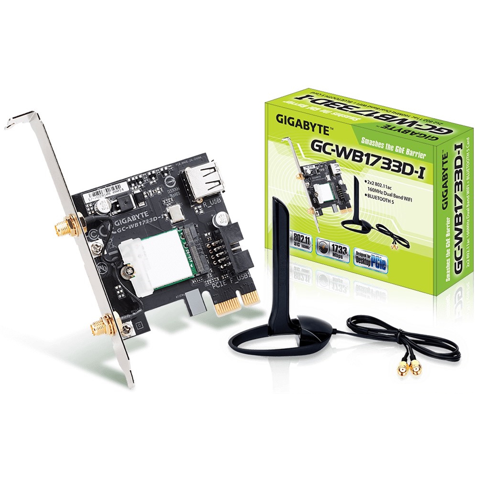 (image for) Gigabyte GC-WB1733D-I Intel Wireless AC1750 Dual Band PCI-Express WiFi Card with Bluetooth 5.0 c/w Antenna