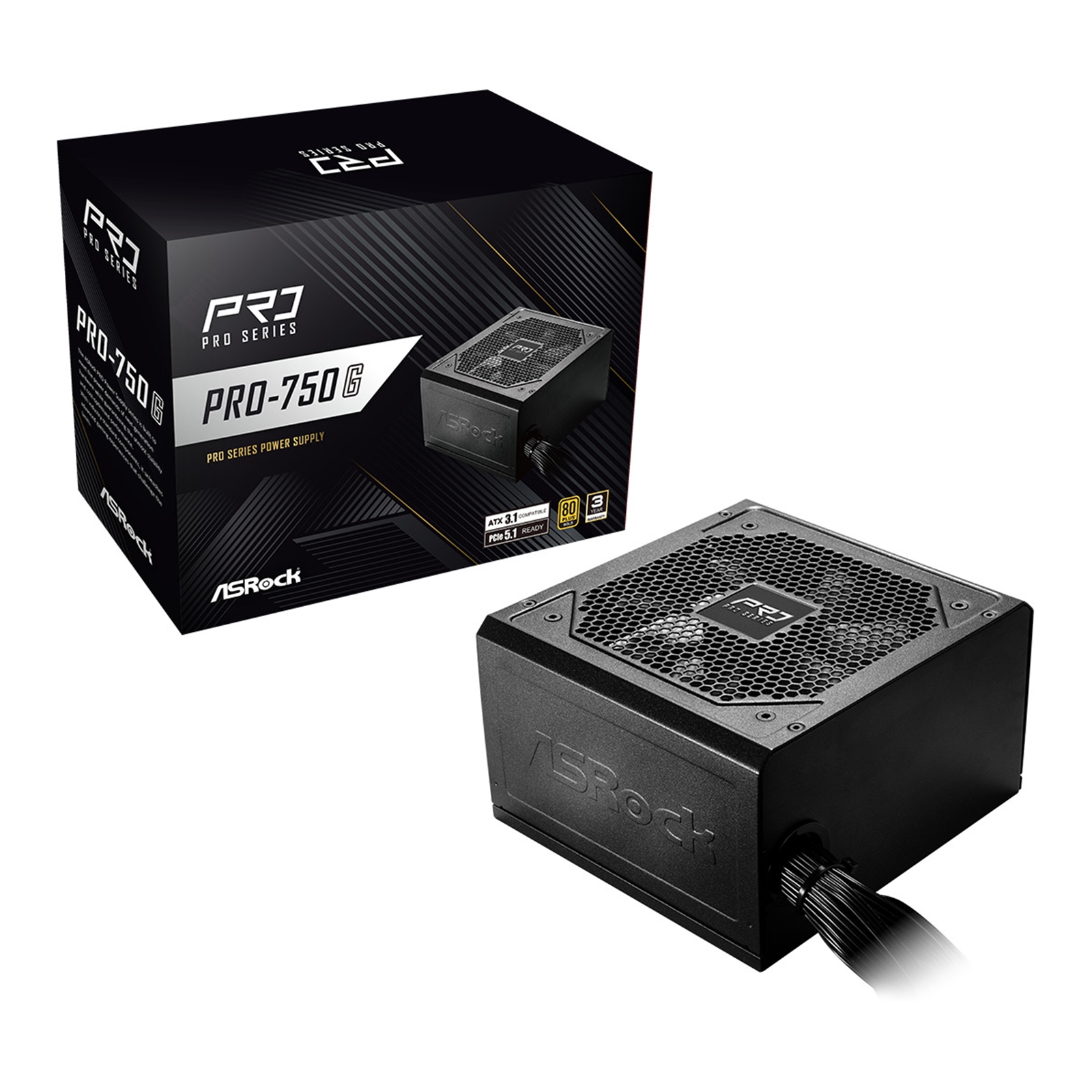 ASRock PRO-750G 750W ATX Power Supply Unit, 80 Plus Gold Certified, 120mm Silent Cooling Fan, High Efficiency PSU