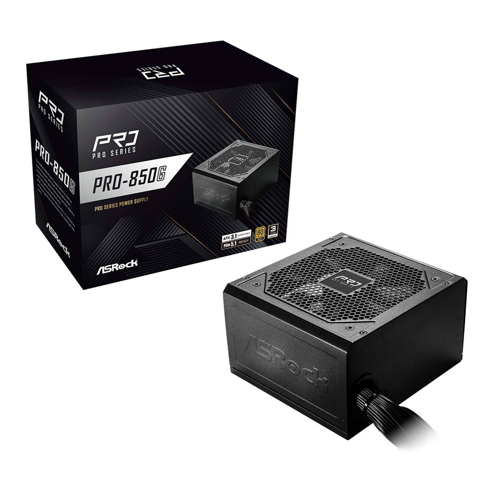 ASRock PRO-850G 850W ATX Power Supply Unit, 80 Plus Gold Certified, 120mm Silent Cooling Fan, High Efficiency PSU