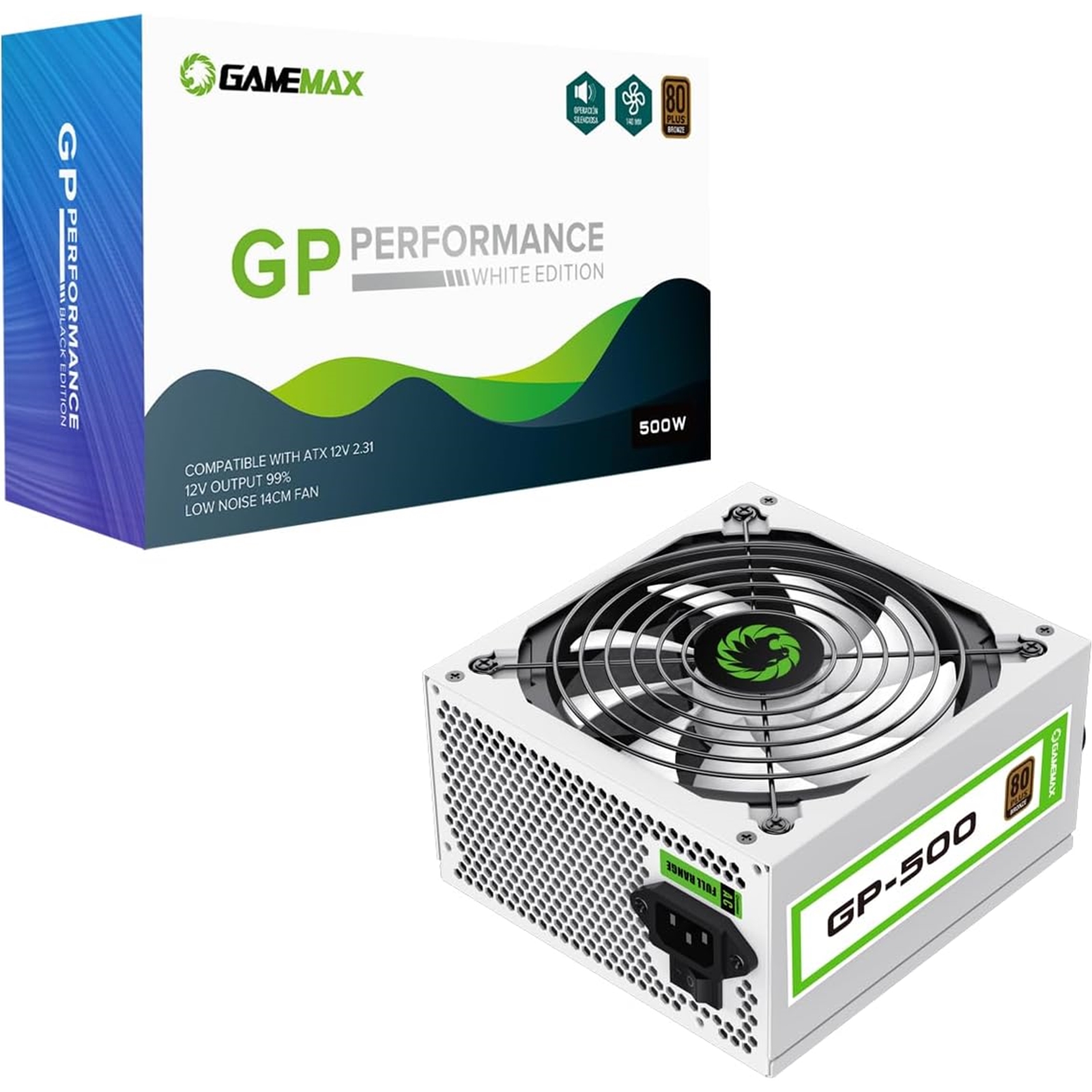 (image for) GameMax GP-500 500W 80 Plus Bronze Certified Power Supply Unit with Ultra Silent 140mm White Fan, High Efficiency, and Reliable Performance for Gaming and Office PCs