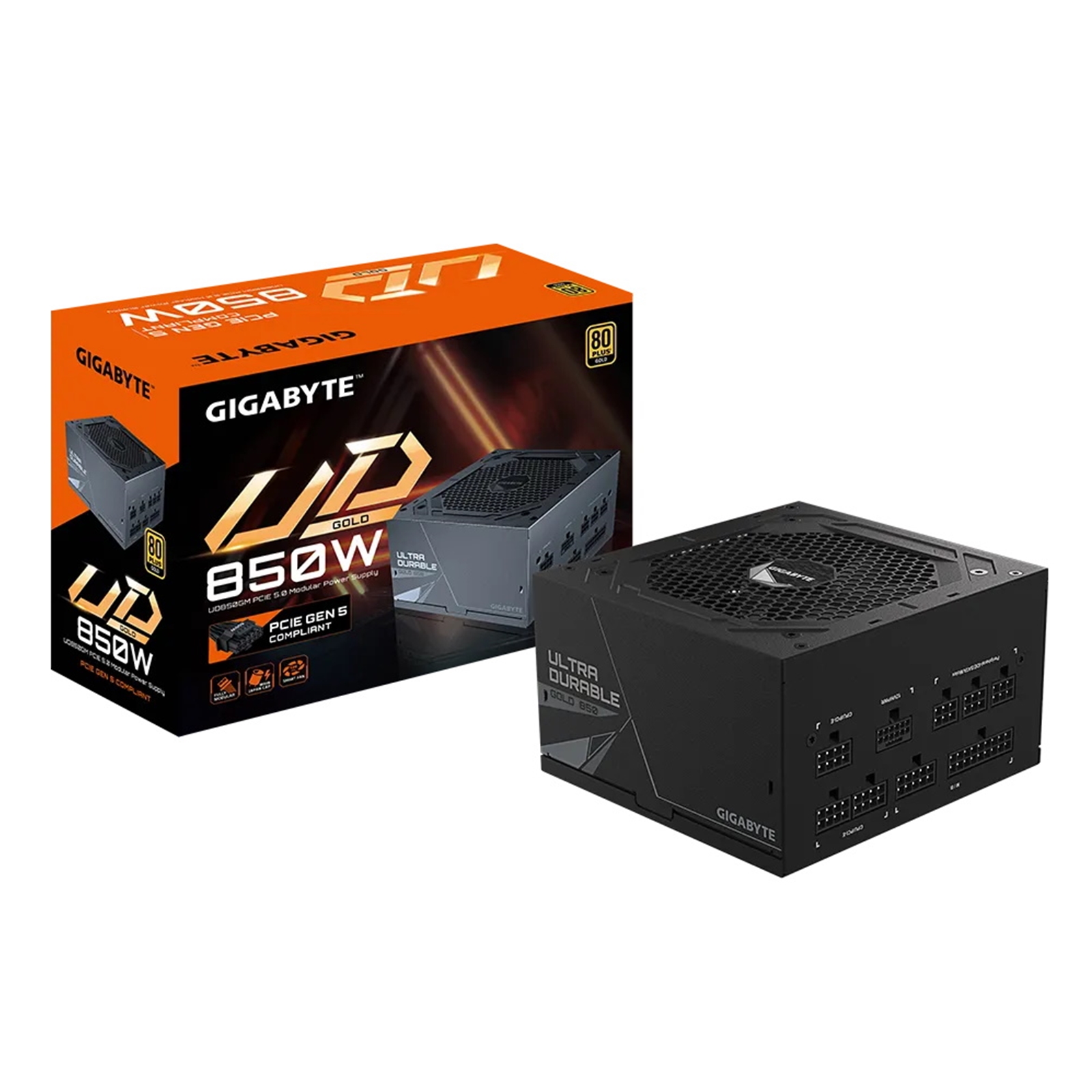 (image for) Gigabyte UD850GM PG5 850W PSU, 120mm Smart Hydraulic Bearing Fan, 80 PLUS Gold, Fully Modular, UK Plug, High-Quality Japanese Capacitors, ATX3.0, Support for PCIe Gen 5.0 Graphics Cards with High Quality Native 16-pin Cable