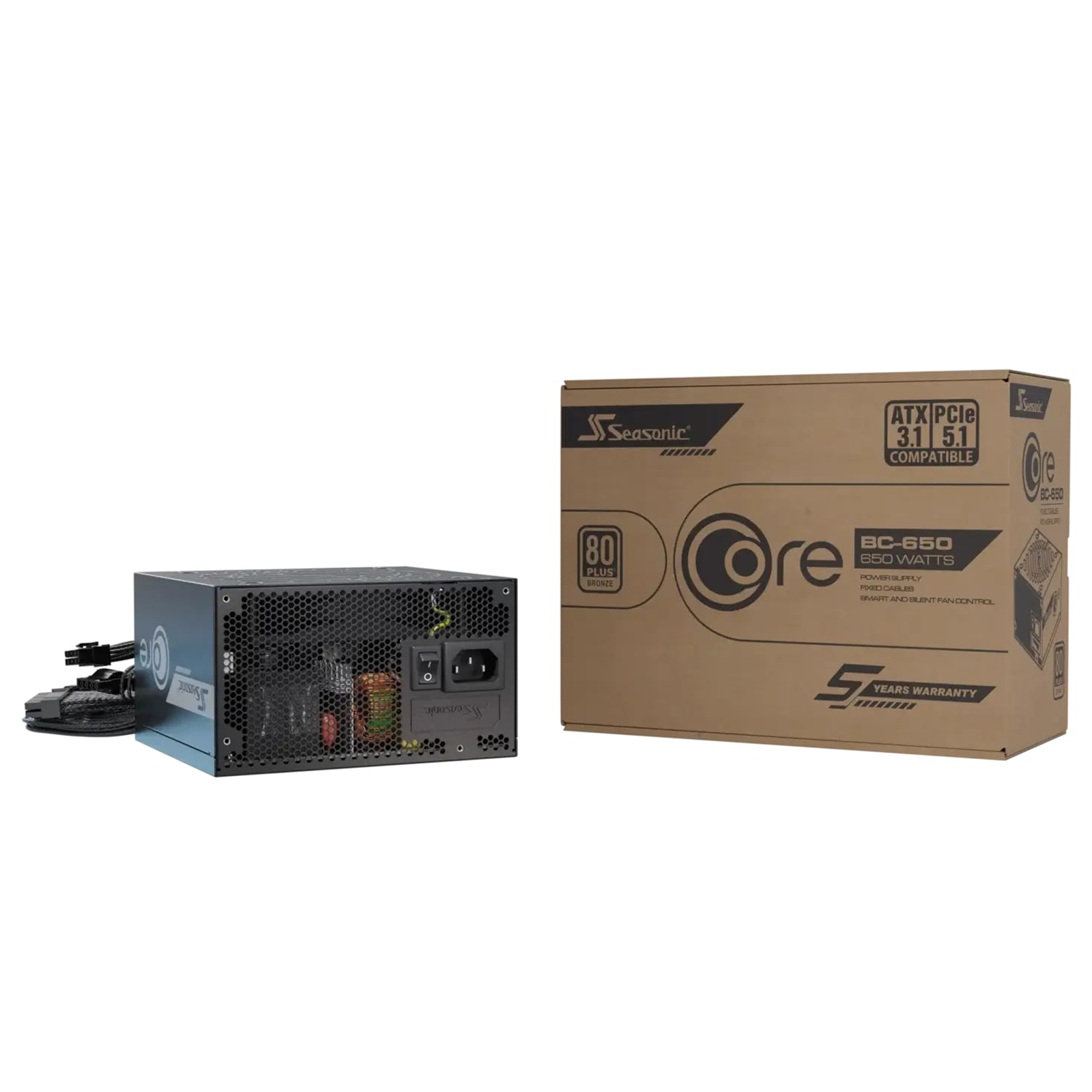 Seasonic CORE BC 650W 80 PLUS Bronze ATX 3.1 Fixed-Cable PSU with 120mm HDB Fan & 5 Year Warranty, Black