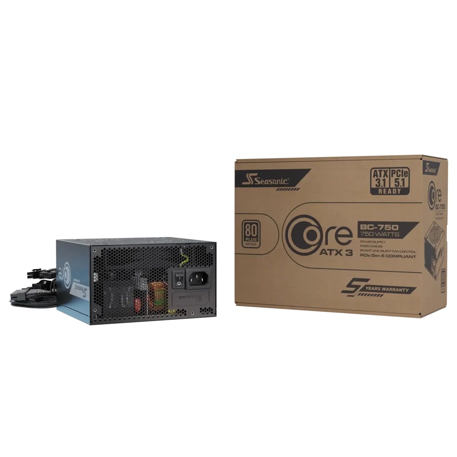 Seasonic CORE BC 750W 80 PLUS Bronze ATX 3.1 PCIe 5.1 Fixed-Cable PSU with 12V-2x6, 120mm HDB Fan & 5 Year Warranty, Black