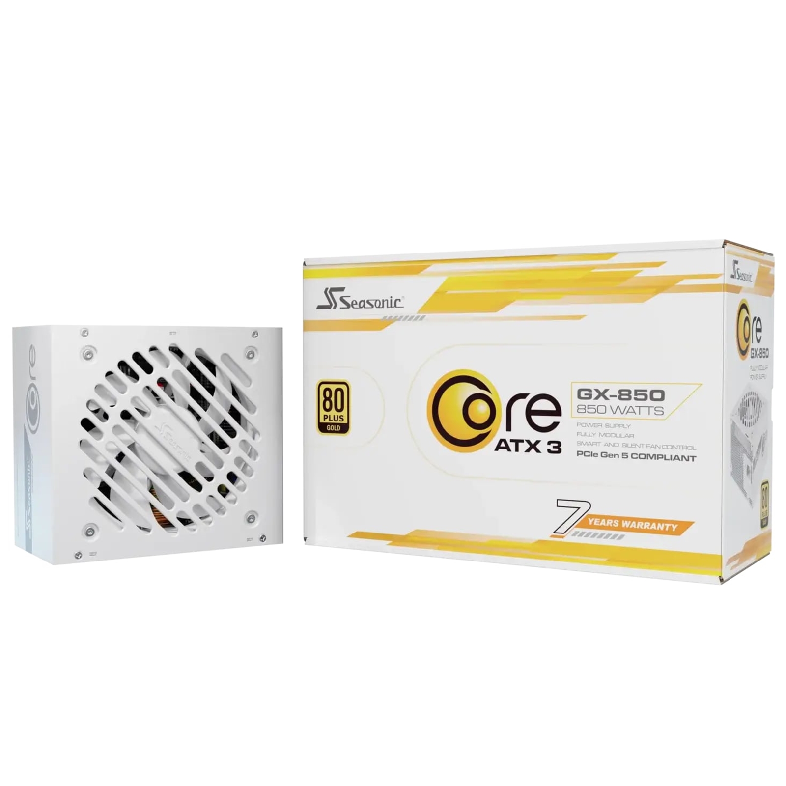 Seasonic CORE GX ATX 3.1  (SRP-CGX851-A5A32SF-W) 850W PSU, 120mm Fan, 80 PLUS Gold, Fully Modular, Individual White Cables with Braided Pattern, 7 Years Warranty - WHITE