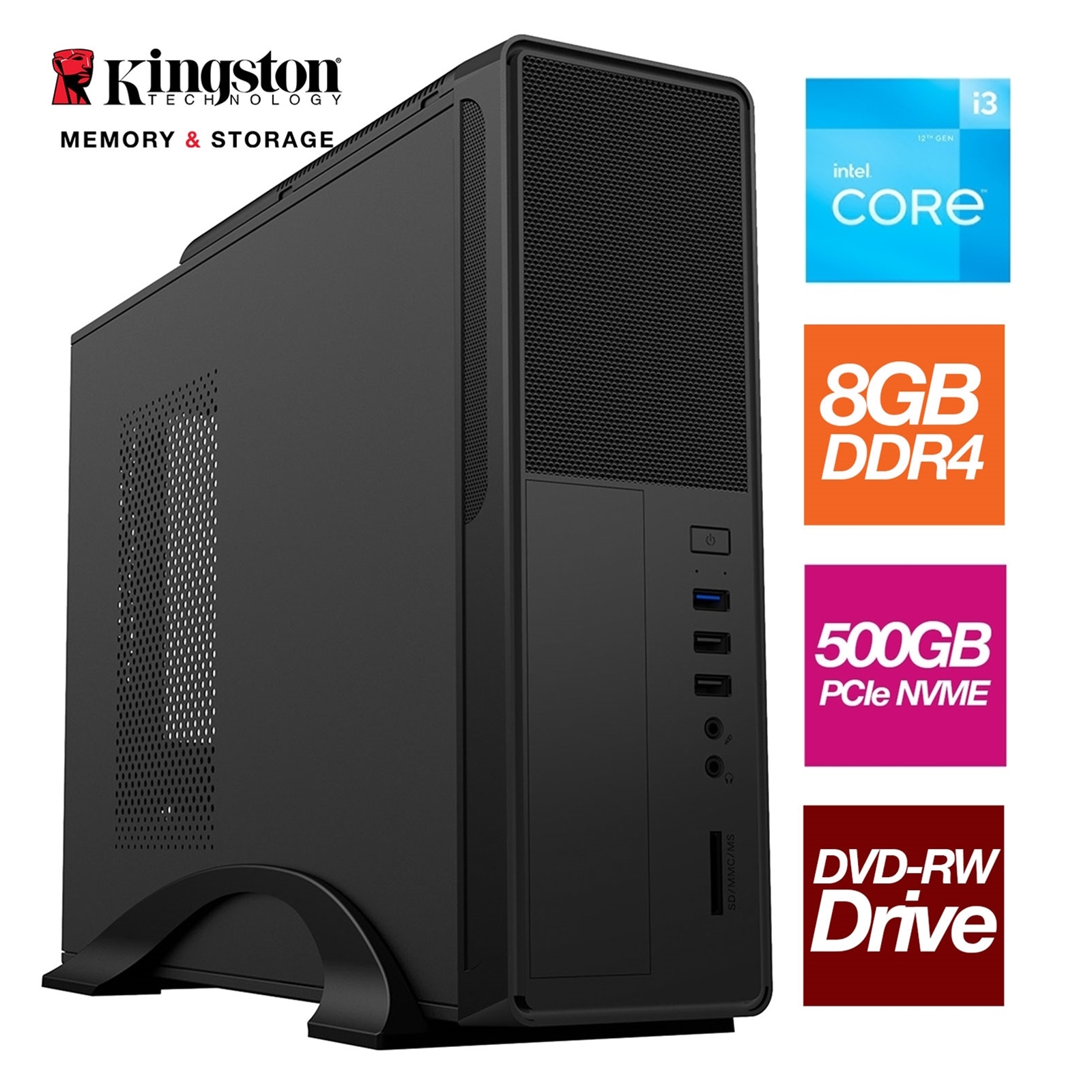 (image for) Small Form Factor - Intel i3 12100 4 Core 8 Thread 3.30GHz (4.30GHz Boost), 8GB Kingston RAM, 500GB Kingston NVMe M.2 - DVDRW, Wi-Fi, - Small Foot Print for Home or Office Use - Pre-Built PC