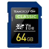 Team TSDXC64GIV1001Classic Flash Memory Card, 64GB, SDHC, UHS U1, Retail Packed