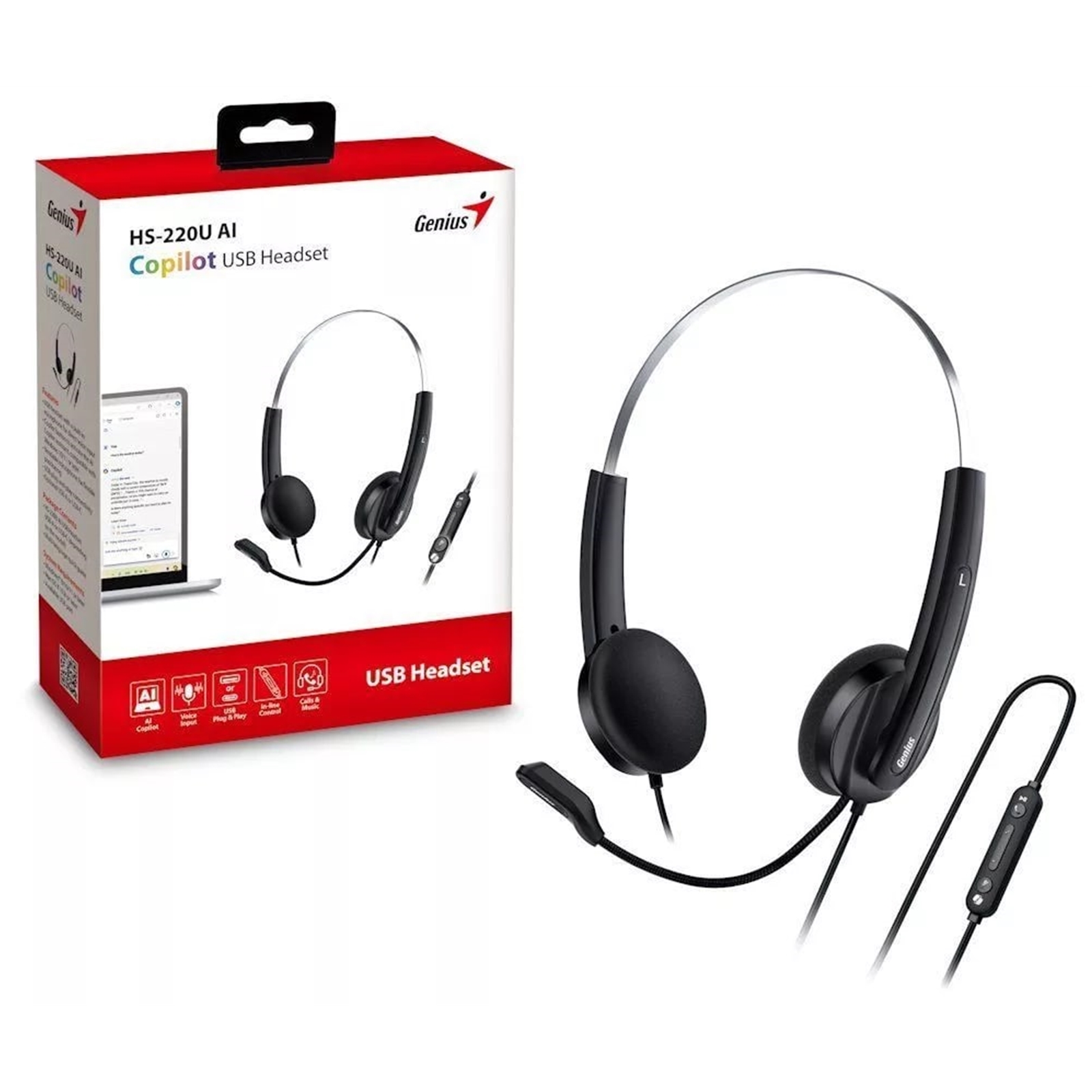 (image for) Genius HS-220U-C Copilot AI Ultra Lightweight Headset with Mic, USB-C Connection, Plug and Play, Adjustable Headband and microphone with In-line Volume Control, Black
