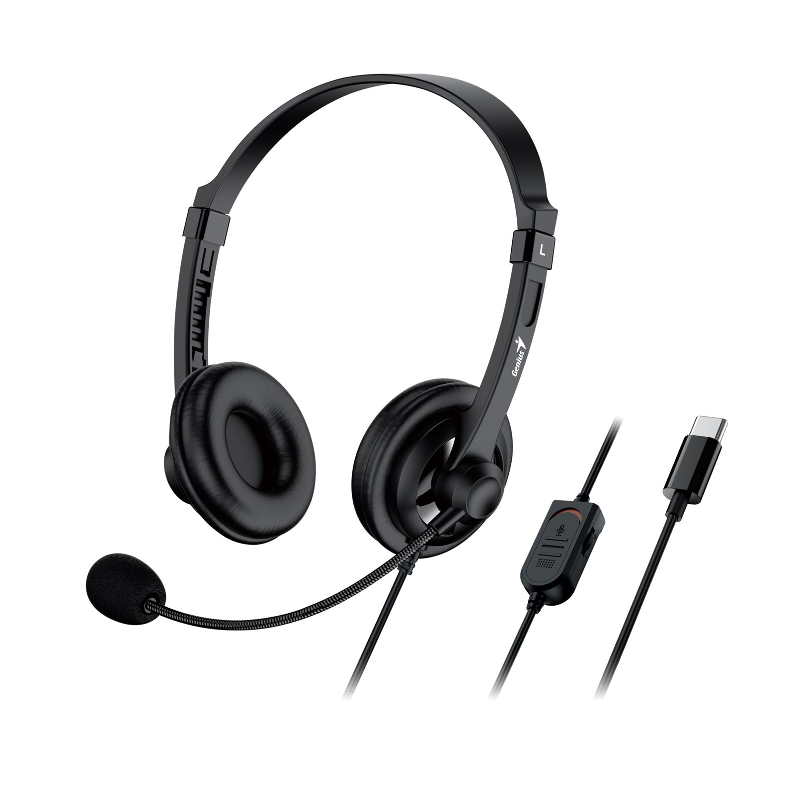 (image for) Genius HS-230U Headset with Mic, USB-C Connection, Plug and Play, Adjustable Headband and microphone with In-line Volume Control, Black