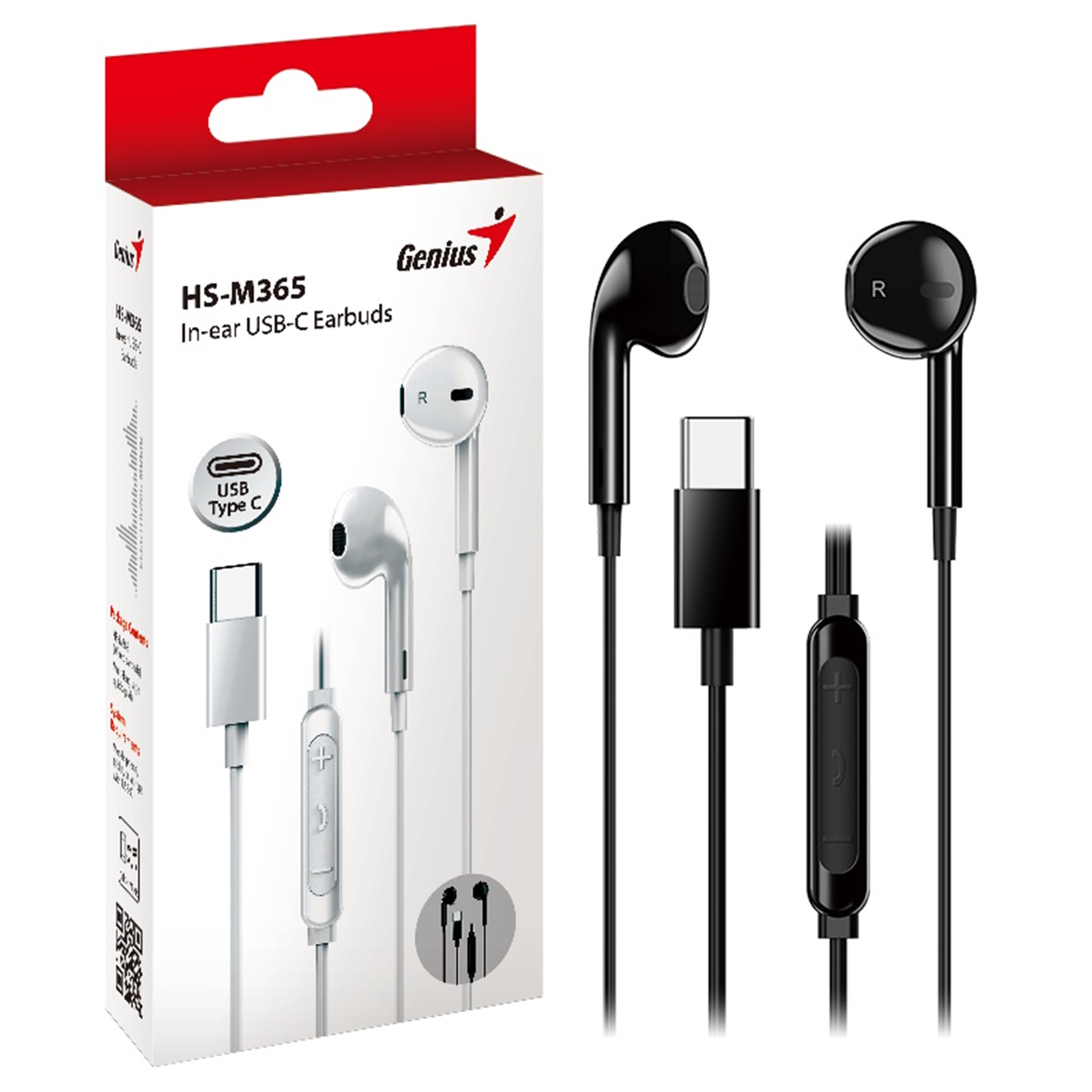 (image for) Genius HS-M365B USB-C In-Ear Wired Earbuds with In-Line Microphone and Volume Controls Black