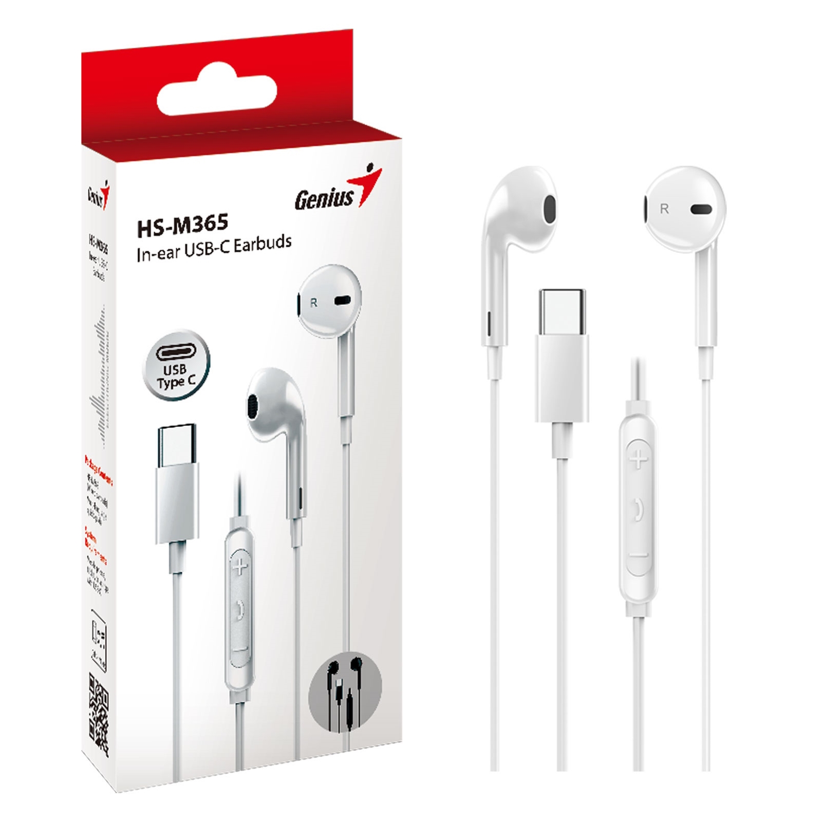 (image for) Genius HS-M365W USB-C In-Ear Wired Earbuds with In Line Microphone and Volume Controls White