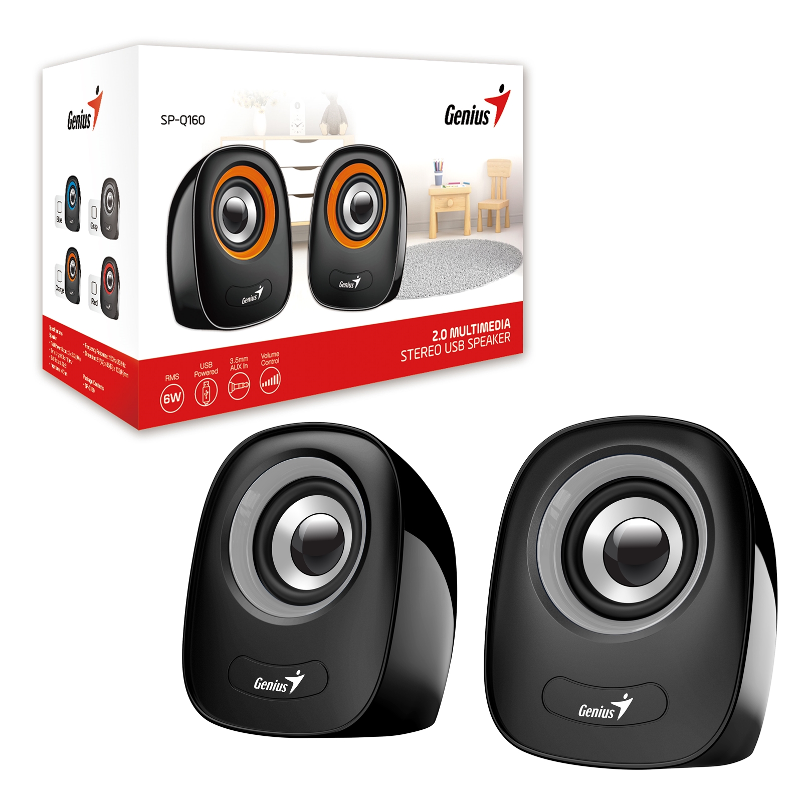 (image for) Genius SP-Q160 2.0 Desktop Speakers, Stereo Sound, USB Powered Plug and Play, 6w, 3.5mm with Volume Control, Grey