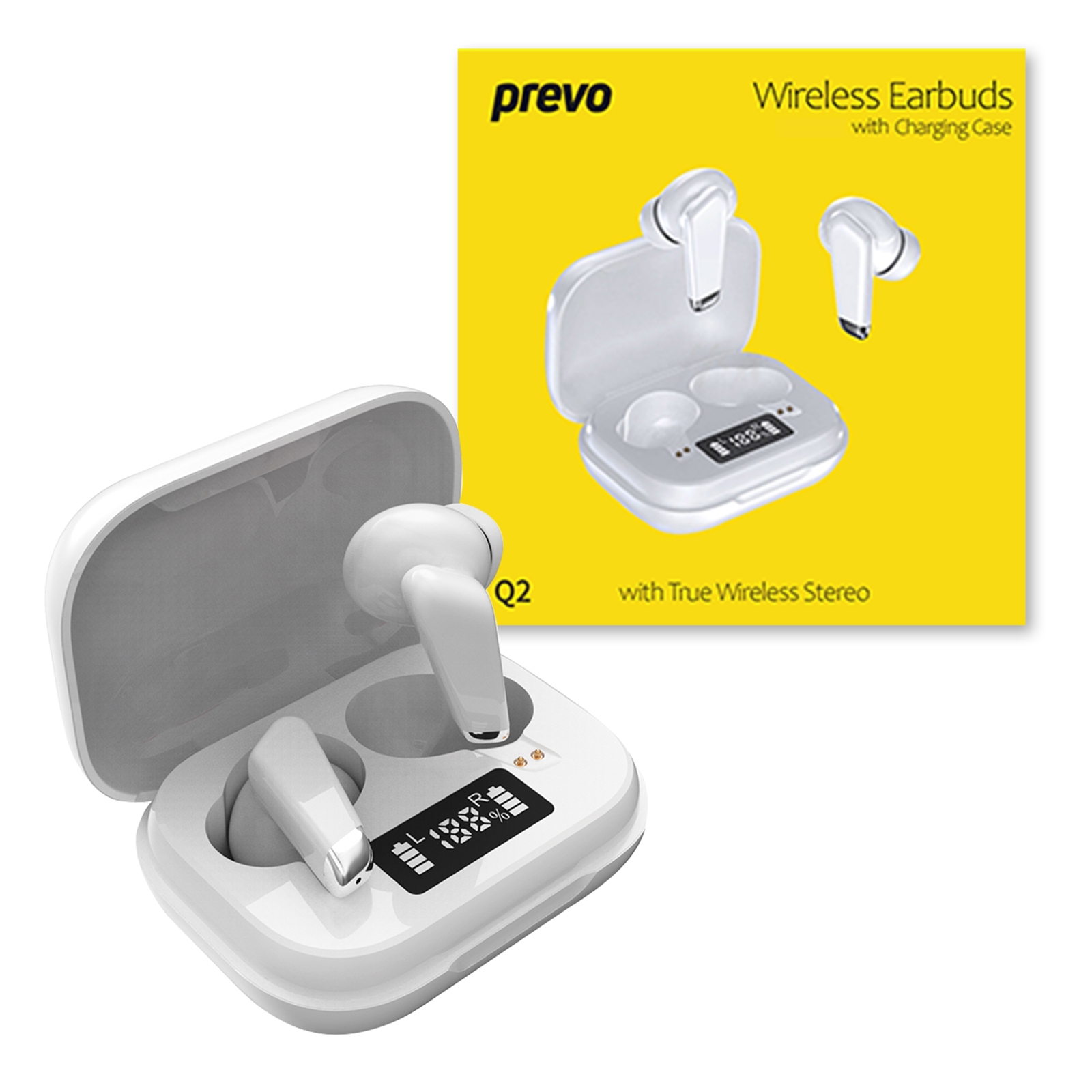 (image for) Prevo Q2 TWS Earbuds, Bluetooth 5.1, Automatic Pairing, Touch Control Feature with Digital LED Display Wireless Charging Case, Android, IOS and Windows Compatible, White