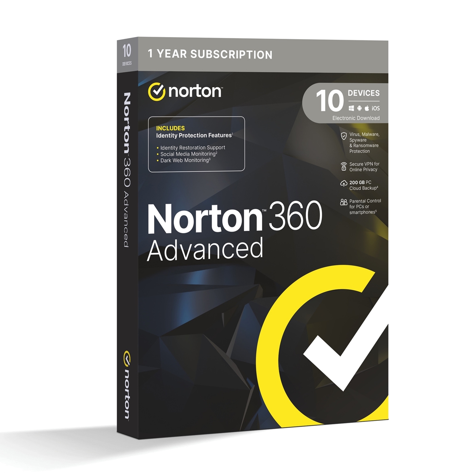 (image for) Norton 360 Advanced, Antivirus Software for 10 Devices, 1-year Subscription, Includes Secure VPN, Dark Web Monitoring and Password Manager, 200GB of Cloud Storage, PC/Mac/iOS/Android