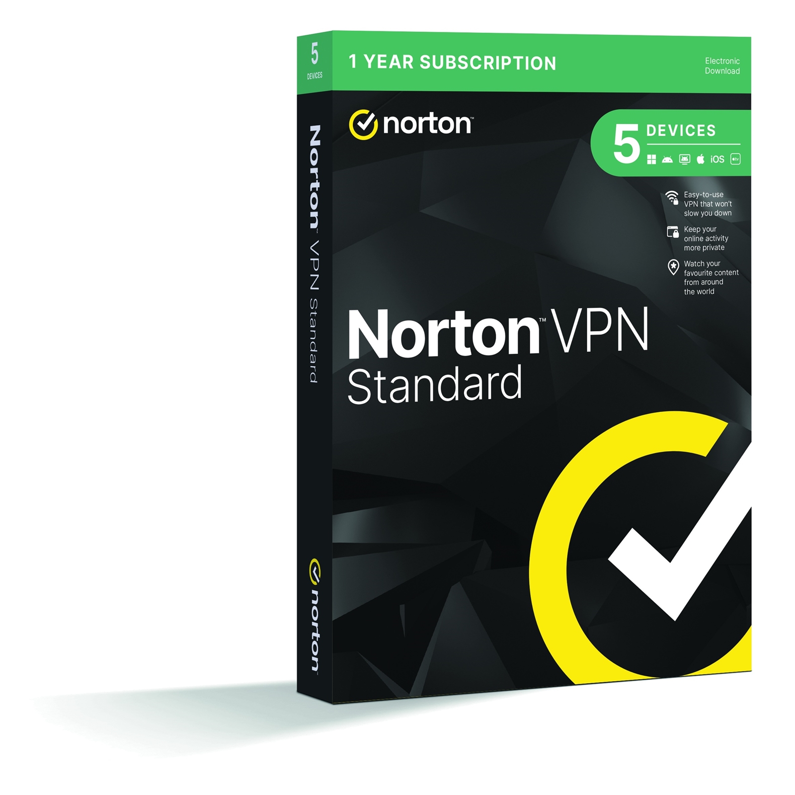 (image for) Norton VPN 5 Device 1-year Subscription, Includes Change Location, Content Access, Auto Connect and Ad Tracker Blocking, PC/Mac/iOS/Android, Retail Boxed