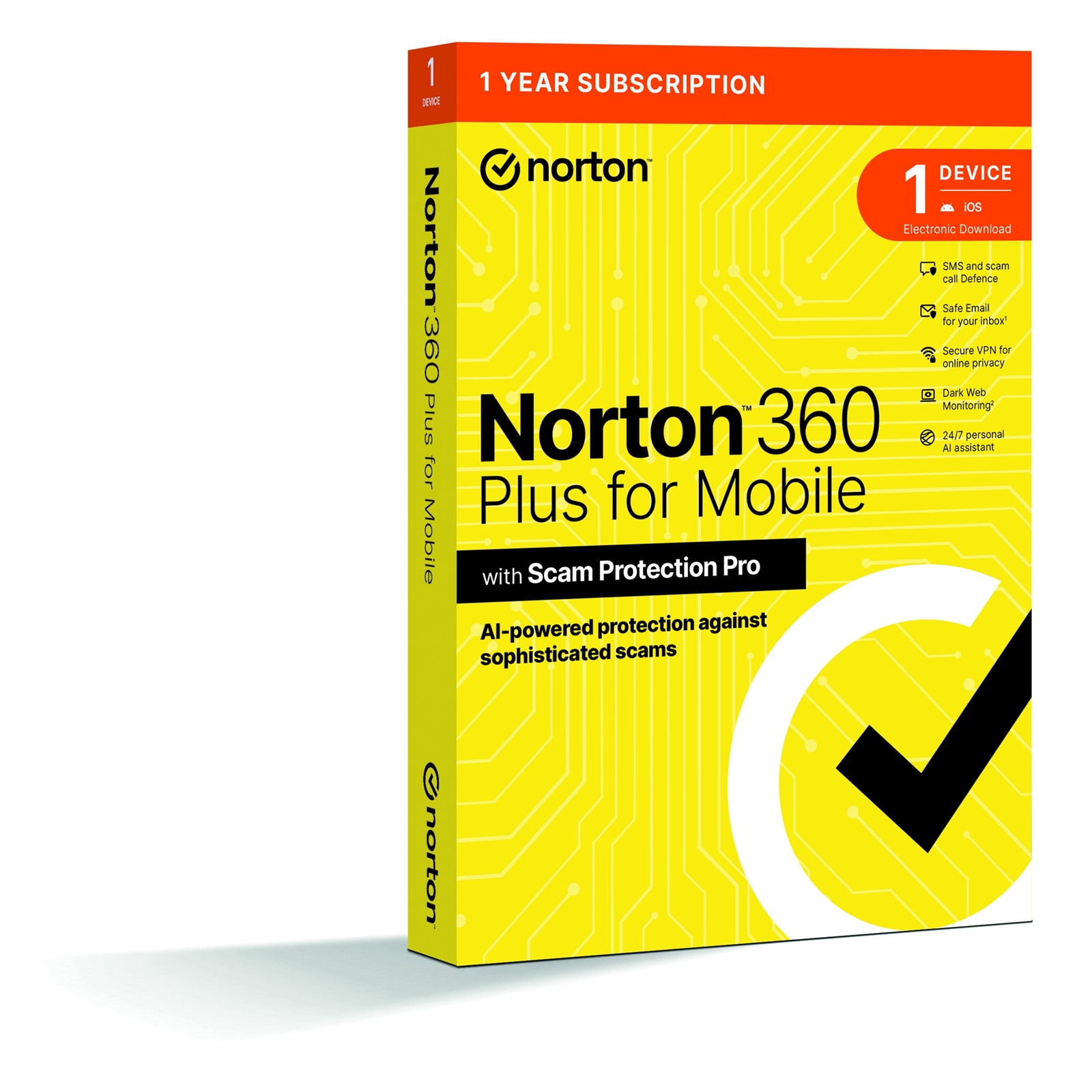 (image for) Norton 360 Plus Mobile 1 Device 1-year Subscription, Includes Secure VPN, Password Manager, Dark Web Monitoring and AI-Powered Scam Protection Across Email, Texts, Calls and Web, iOS and Android Retail Boxed